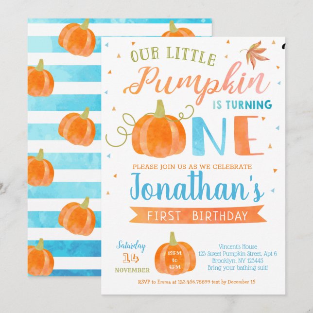 Invitaciones de calabaza por primer cumpleaños par (Anverso / Reverso)