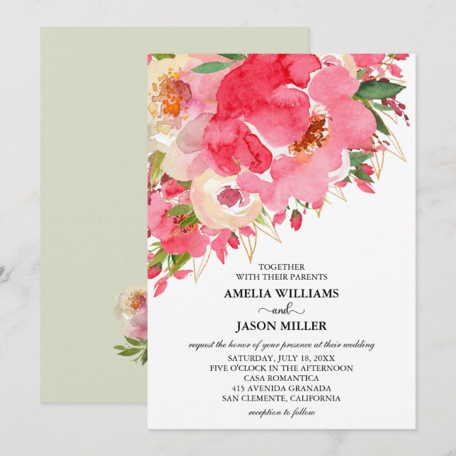 Invitaciones de casamiento con flores rosadas (Anverso / Reverso)