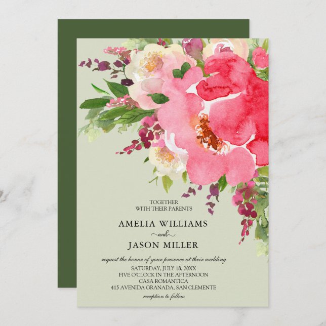 Invitaciones de casamiento con flores rosadas (Anverso / Reverso)