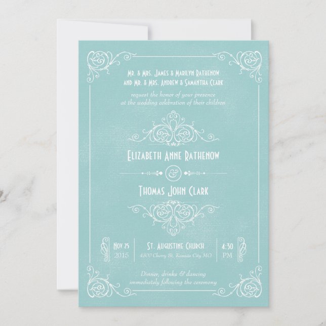 Invitaciones de casamiento de Art Deco Azul vintag (Anverso)