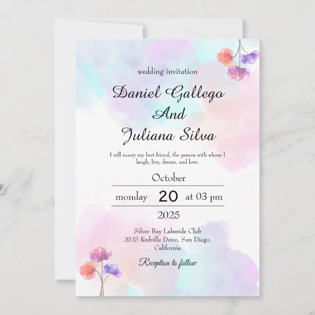 Invitaciones de casamiento de color azul y rosa (Anverso)