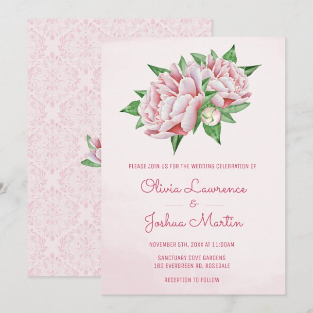 Invitaciones de casamiento de color de agua rosado (Anverso / Reverso)