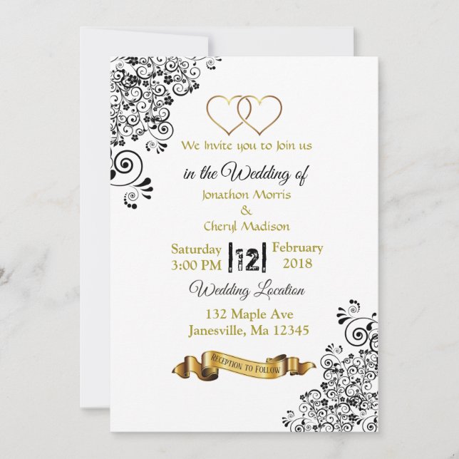 Invitaciones de casamiento de corazones negros y d (Anverso)