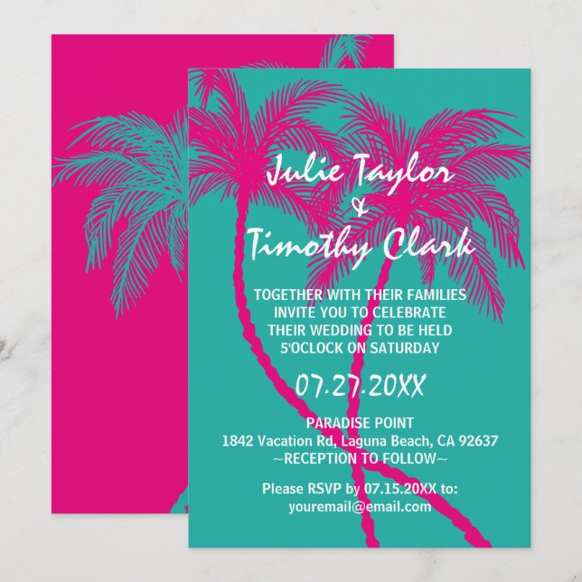 Invitaciones de casamiento de palmeras rosadas cal (Anverso / Reverso)