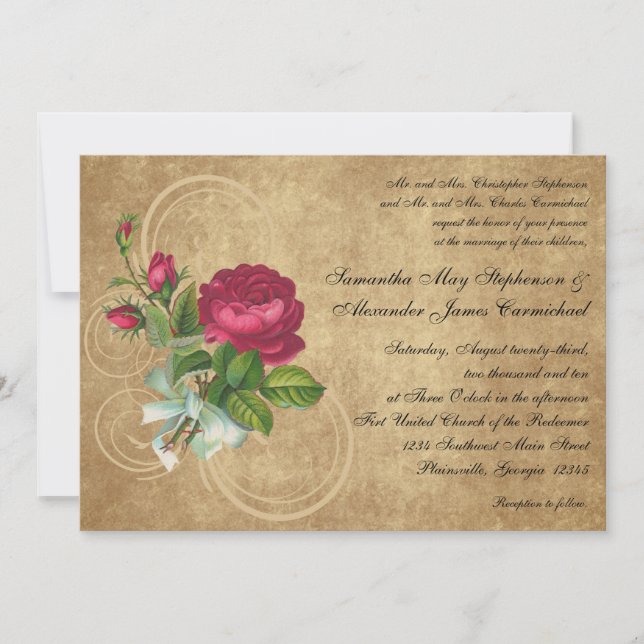 Invitaciones de casamiento de Rosas de Fuchsia Vin (Anverso)