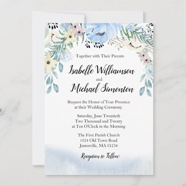 Invitaciones de casamiento floral de color azul (Anverso)