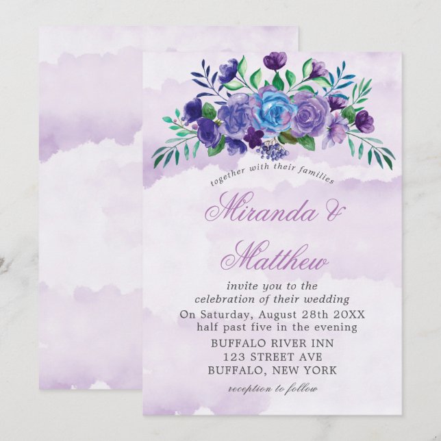 Invitaciones de casamiento floral de color de agua (Anverso / Reverso)