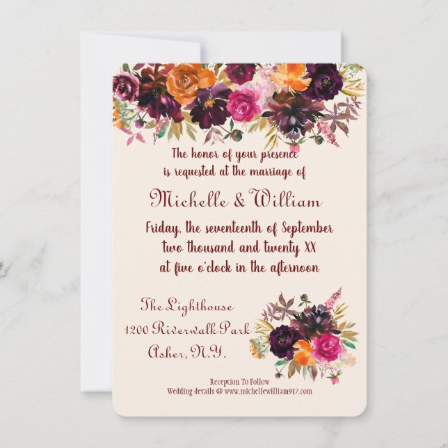 Invitaciones de casamiento floral de colores otoña (Anverso)