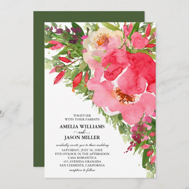 Invitaciones de casamiento floral de Watercolor Pe (Anverso / Reverso)