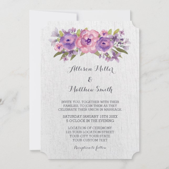 Invitaciones de casamiento morado con flores (Reverso)
