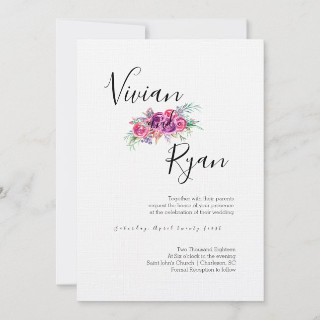 Invitaciones de casamiento morado con flores (Anverso)