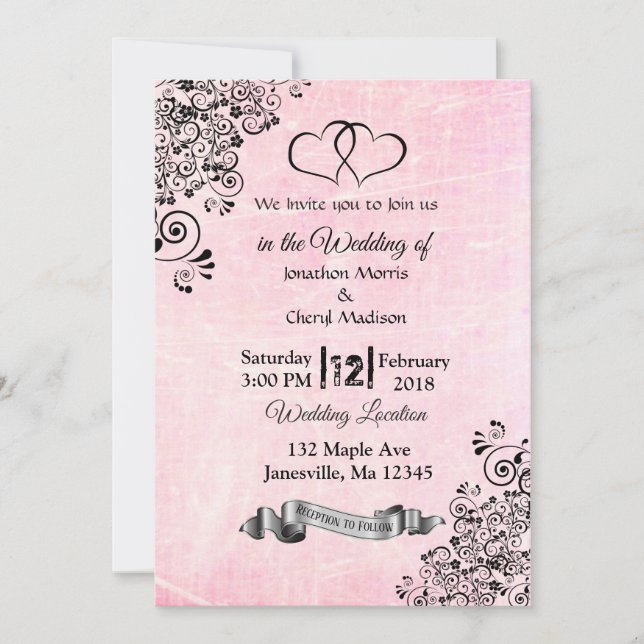 Invitaciones de casamiento rosa y negro (Anverso)