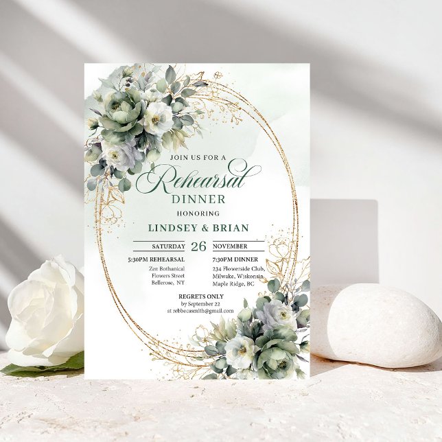 Invitaciones de cena de ensayo de verde botánico d (Botanical Greenery Gold Rehearsal Dinner Invitation)