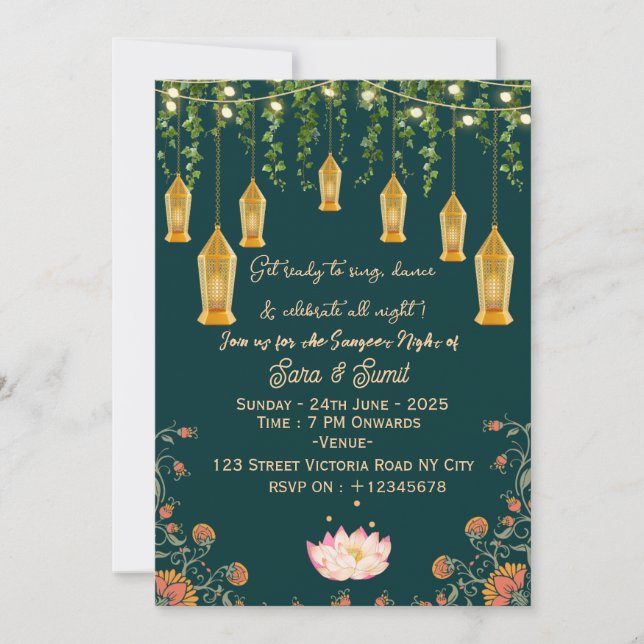 Invitaciones de ceremonia de noche de Sangeet de b (Anverso)