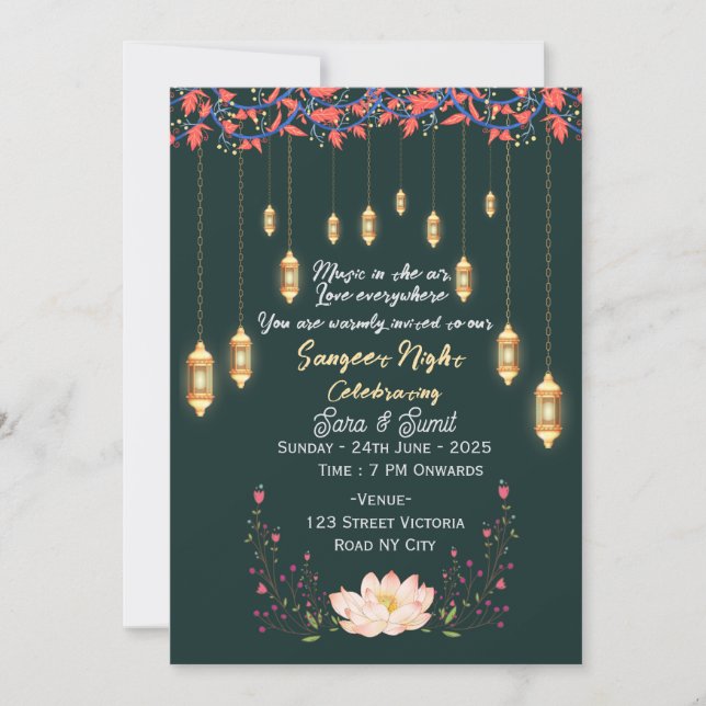 Invitaciones de ceremonia de noche de Sangeet de b (Anverso)