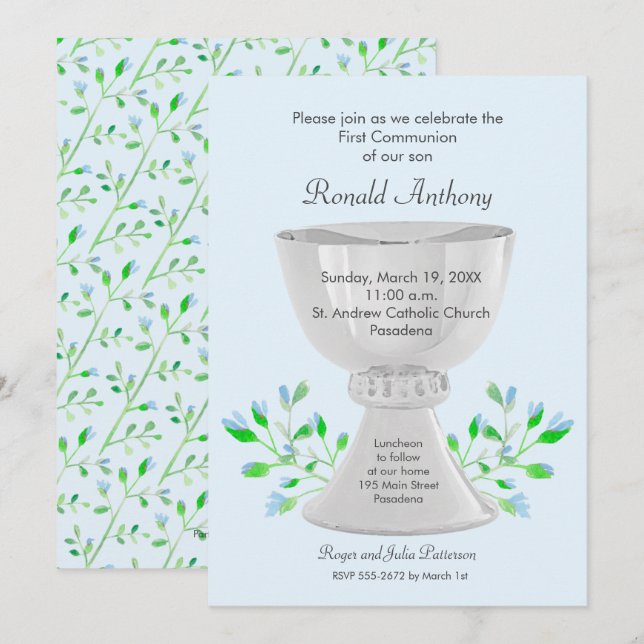 Invitaciones de Chalice Floral Boy First Community (Anverso / Reverso)
