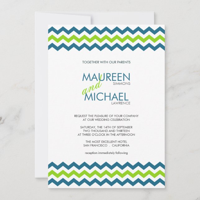 Invitaciones de Chevron Boda ZigZag Blue y Lime (Anverso)