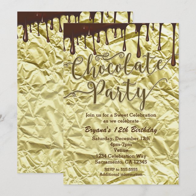 Invitaciones de chocolate dorado con envoltorio de (Anverso / Reverso)