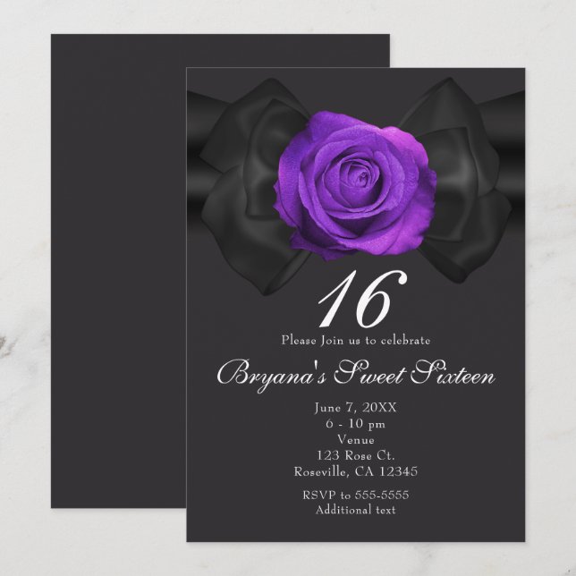 Invitaciones de cinta negra y rosa púrpura CUALQUI (Anverso / Reverso)