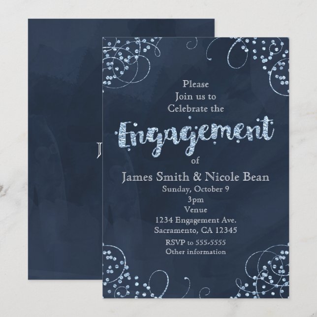 Invitaciones de compromiso azules de invierno mági (Anverso / Reverso)