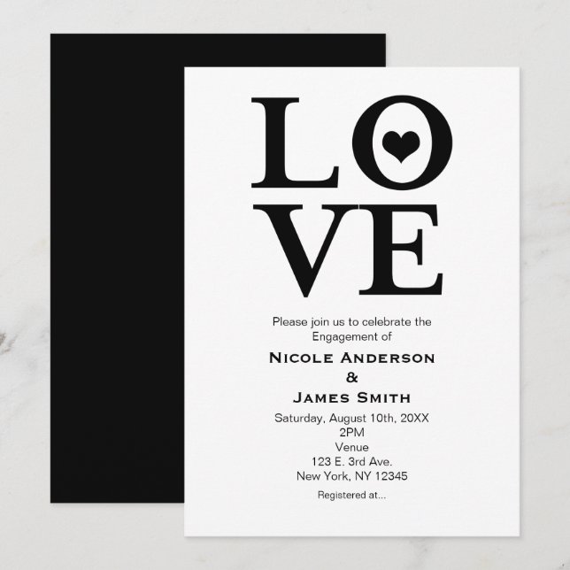 Invitaciones de compromiso de boda en negro y blan (Anverso / Reverso)
