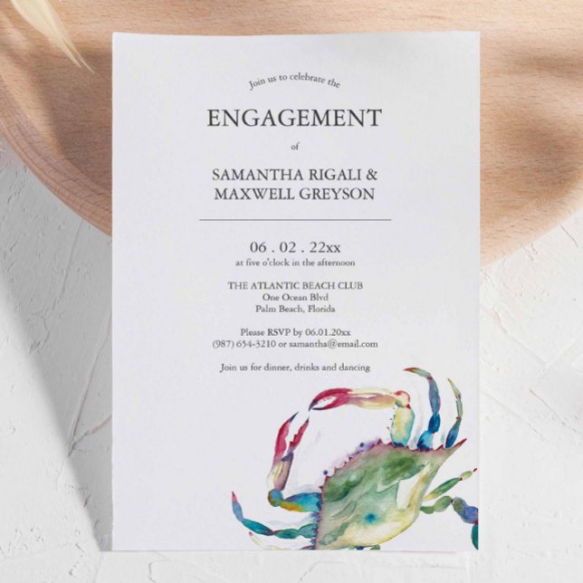 Invitaciones de Compromiso de Cangrejo Náutico (Nautical crab engagement invitations features unique art and design by Victoria Grigaliunas)