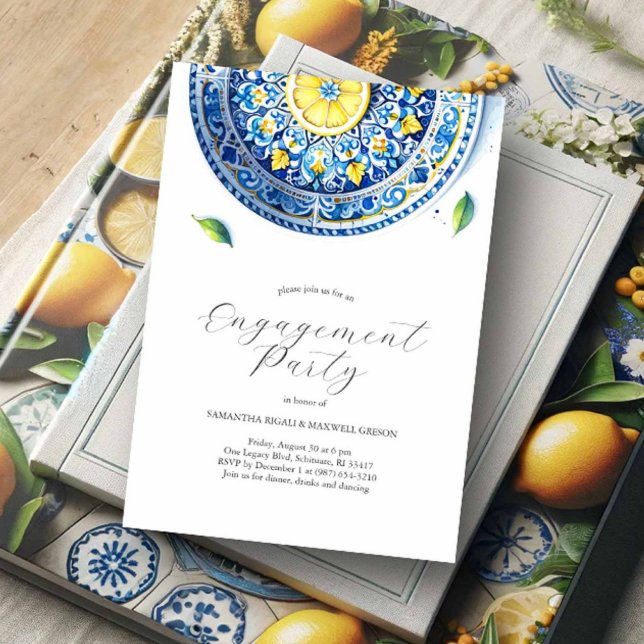 Invitaciones de compromiso Elegante Tema de Alfres (Engagement party invitations yellow and blue lemon Italian theme by Victoria Grigaliunas)