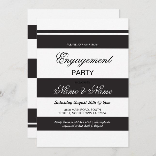 Invitaciones de compromiso Stripe Black & White (Anverso / Reverso)