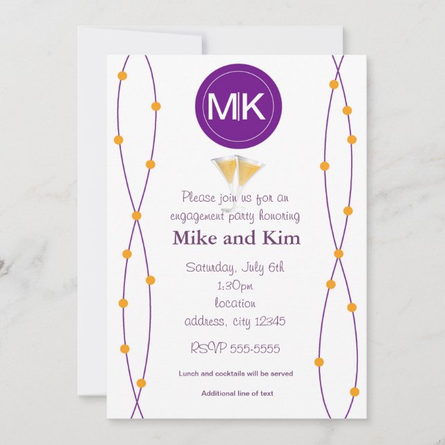Invitaciones de compromiso y boda naranja y púrpur (Anverso)