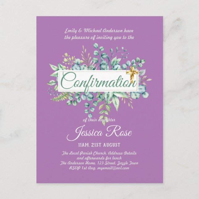 Invitaciones de Confirmación Eucalipto Verde (Anverso)