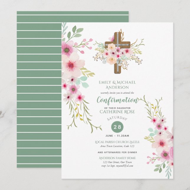 Invitaciones de CONFIRMACIÓN Salto rosa de la cruz (Anverso / Reverso)