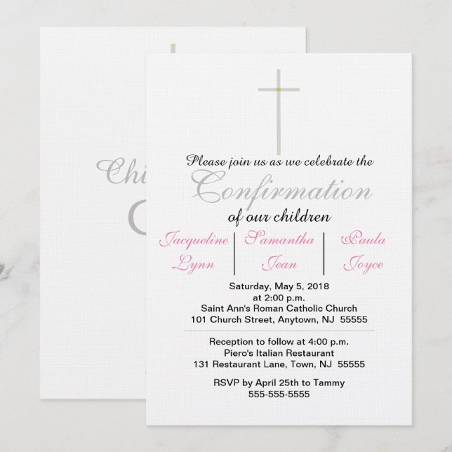 Invitaciones de Confirmación Trillizos Rosa (Anverso / Reverso)