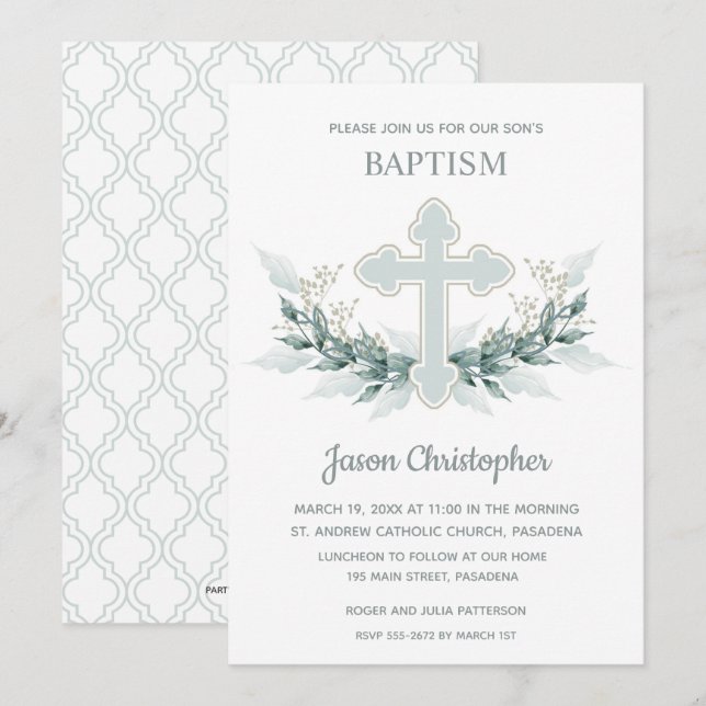 Invitaciones de cruz azul y correa de bautismo (Anverso / Reverso)