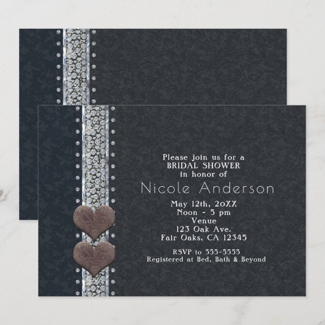 Invitaciones de cuero negro y diamantes con glamou (Anverso / Reverso)