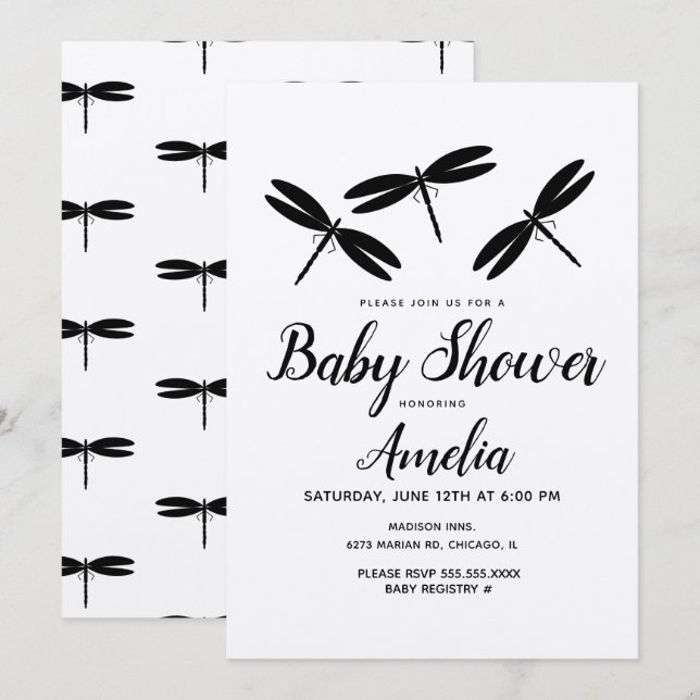 Invitaciones de Cumple de Bebé con Libélulas Negra (Anverso / Reverso)