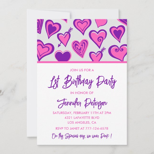 invitaciones de cumpleaños 1º glam Heart sencillas (Anverso)