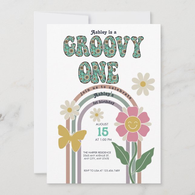 Invitaciones de cumpleaños 1º | Groovy Rainbow (Anverso)