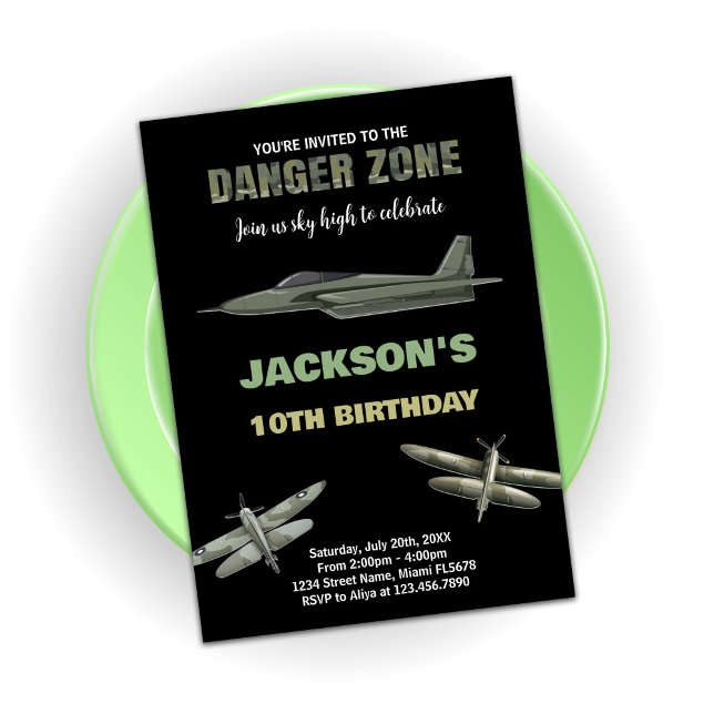 Invitaciones de cumpleaños 10 a jornadas de caza c (Danger Zone Fighter Jet Birthday Invitations 10th)
