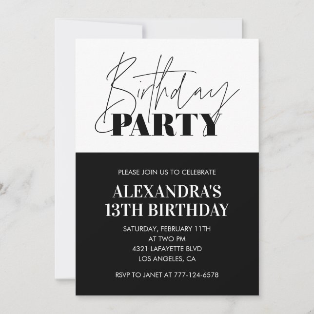 Invitaciones de cumpleaños 13 Black White Party  (Anverso)