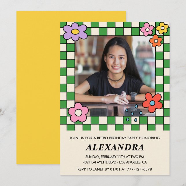 invitaciones de cumpleaños 13 Retro Flores Groovy (Anverso / Reverso)