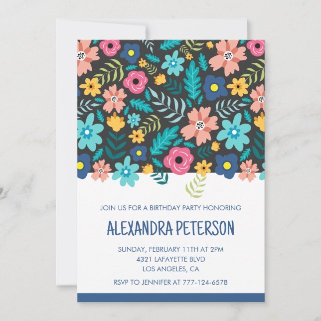 invitaciones de cumpleaños 14 Floral Azul (Anverso)