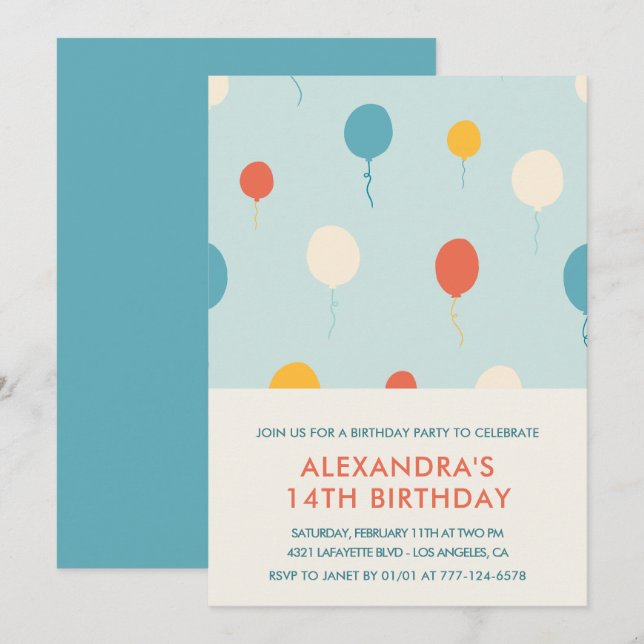 invitaciones de cumpleaños 14 globos modernos (Anverso / Reverso)