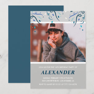 invitaciones de cumpleaños 14 niño Confeti Foto Az