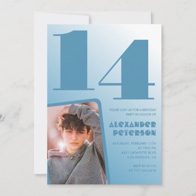 Invitaciones de cumpleaños 14 niño gradiente azul  (Anverso)