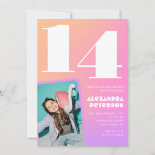 Invitaciones de cumpleaños 14 Retro Naranja Rosa
