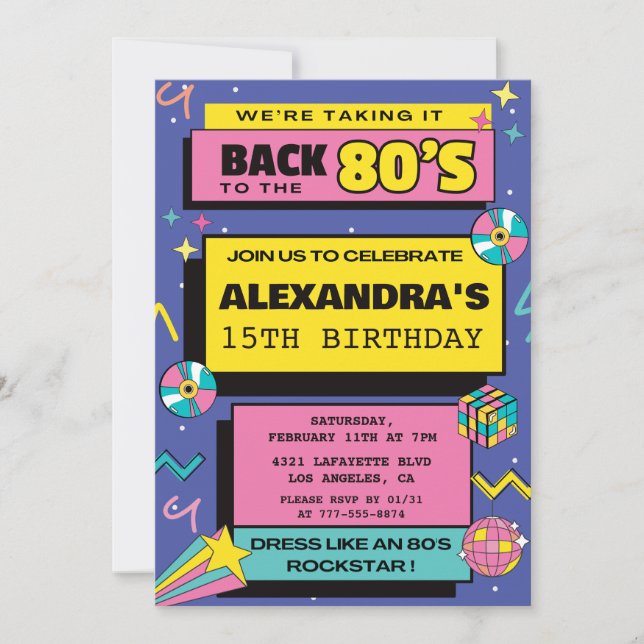invitaciones de cumpleaños 15 años Fiesta Retro 80 (Anverso)