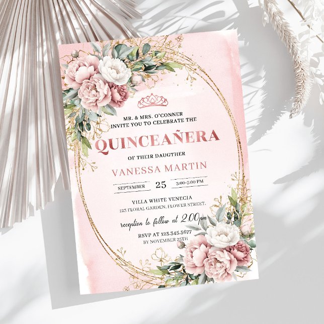 Invitaciones de cumpleaños 15 Dusty Pink Flores Ve (Dusty Pink Flowers Greenery 15th Birthday Invitation)