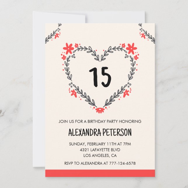 invitaciones de cumpleaños 15 para ella floral cor (Anverso)