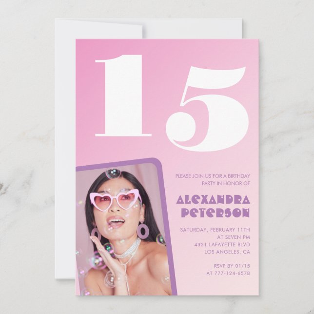 Invitaciones de cumpleaños 15 rosa Foto retro (Anverso)