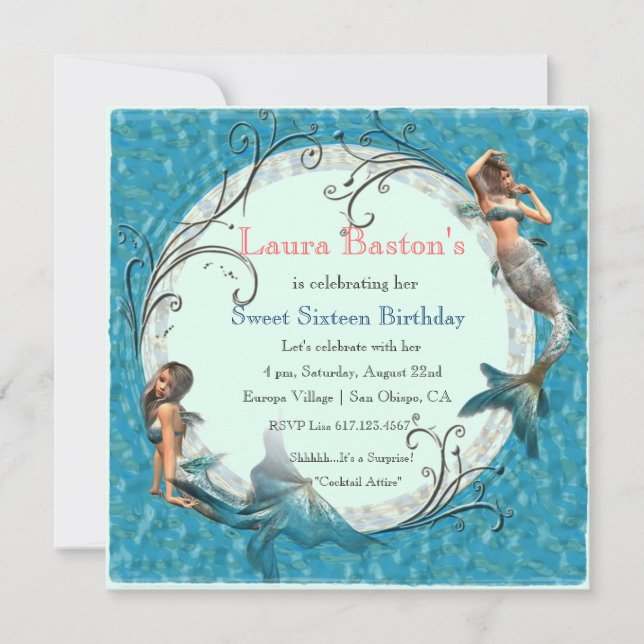 Invitaciones de cumpleaños 16 dulces Mermaid Teal  (Anverso)